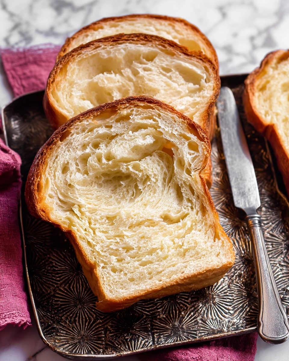 The image shows three thick slices of bread with a golden brown crust and a soft, airy inside. Each slice displays many light cream-colored layers that look fluffy and slightly swirled, showing the bread’s texture clearly. The slices are resting on a dark, patterned metal tray with a pink cloth underneath. A silver knife is placed on the tray next to the slices. The background is a white marbled texture. photo taken with an iphone --ar 4:5 --v 7