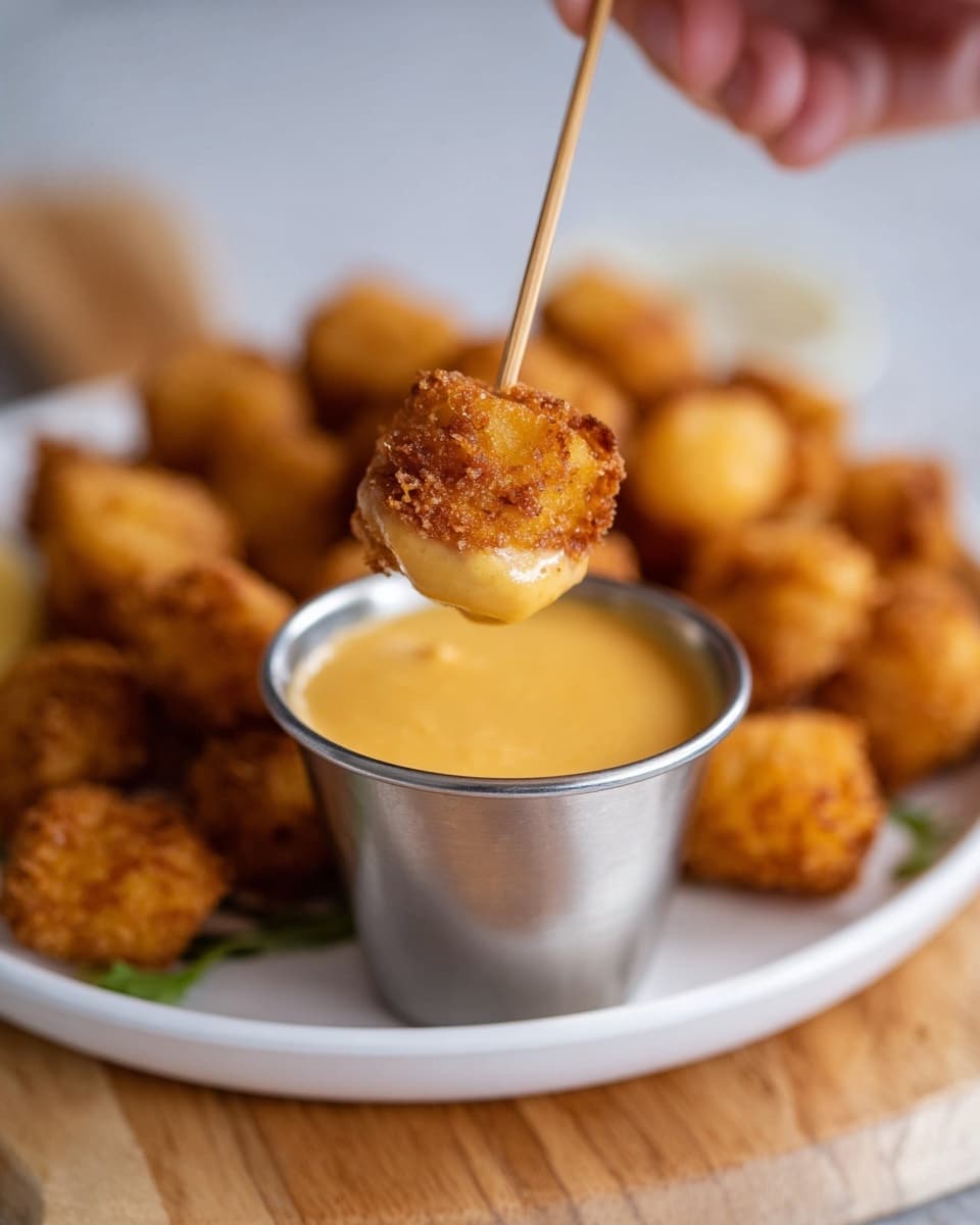 A close-up image shows a light brown crispy fried piece on a thin wooden skewer held by a woman's hand, being dipped into a small shiny metal cup filled with smooth yellow-orange dipping sauce. In the background, the blurred view reveals a white plate piled with more golden-fried bite-sized pieces on a white marbled surface with a wooden tray underneath the cup. The textures highlight the crunchy snack and creamy sauce contrast, all set against a soft-focus kitchen setting. photo taken with an iphone --ar 4:5 --v 7