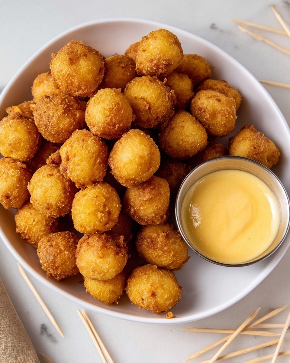 A white dish filled with about 25 small fried cheese balls, each one golden brown with a slightly rough, crispy surface showing bits of batter texture; the cheese balls are piled closely together, creating a rounded heap that covers most of the dish. To the right, there is a small silver bowl holding a smooth, light yellow dipping sauce that looks creamy. Around the dish and bowl, several wooden toothpicks are scattered on a white marbled surface, adding a casual snack setting. Photo taken with an iphone --ar 4:5 --v 7