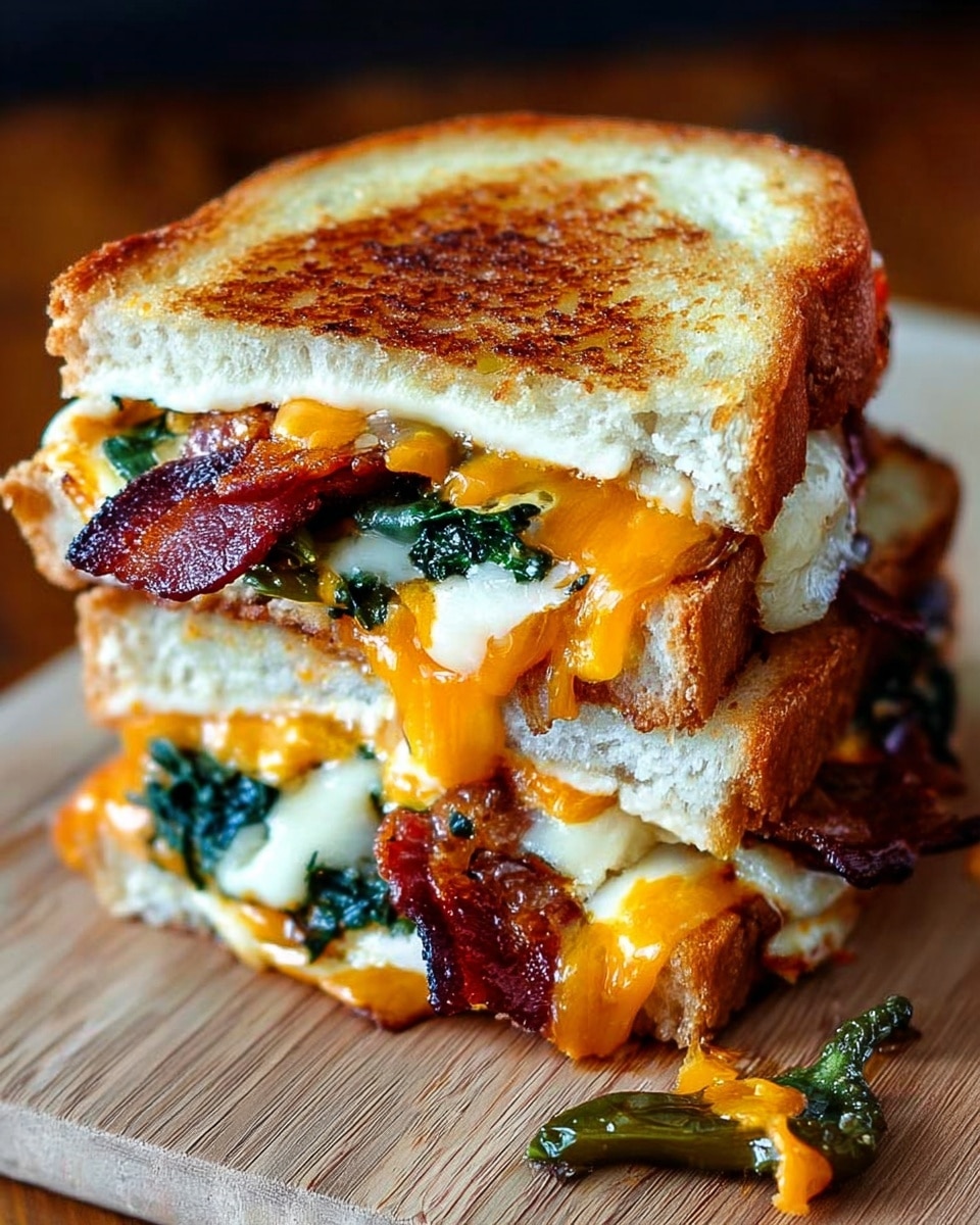 A grilled sandwich cut diagonally in half is stacked on a wooden board, showing three main layers. The top and bottom layers are light golden brown toasted bread slices with a slightly crunchy texture. The middle section reveals melted bright orange cheddar cheese oozing out, white melted cheese, wilted dark green leafy vegetables, and a thick piece of crispy brown cooked bacon. Some melted cheese and a small piece of the green vegetable lay next to the sandwich on the wooden surface. The warm, gooey fillings contrast with the toasted bread, creating a rich and hearty look. Photo taken with an iphone --ar 4:5 --v 7