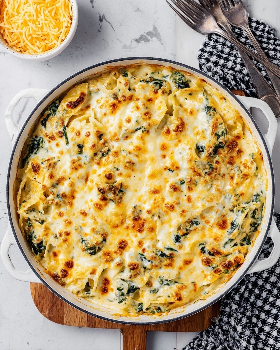 A large round white pan filled with a cheesy baked pasta dish sits on a wooden board over a white marbled surface. The dish shows multiple layers, starting with sheet pasta mixed with wilted dark green spinach, covered by a rich creamy white sauce, and topped with a melted golden-yellow cheese layer that is bubbly and slightly browned in places. The edges of the pasta and sauce blend together under the browned cheese, creating a textured top with a mix of white, yellow, and golden brown spots. Nearby, a small white bowl with shredded cheese, a black and white checkered cloth, and two silver forks add to the scene. Photo taken with an iphone --ar 4:5 --v 7