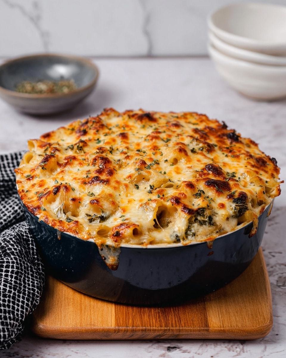 A round dark blue deep dish filled with creamy baked pasta showing a golden brown melted cheese layer on top with some darker brown spots from baking, underneath the cheese layer is a mix of beige pasta and green leafy vegetables, the surface of the dish is slightly textured by the melted cheese and scattered herbs, sitting on a wooden board with a piece of black and white checkered cloth tucked on the left side, the background is a white marbled texture with blurred bowls in the distance. photo taken with an iphone --ar 4:5 --v 7