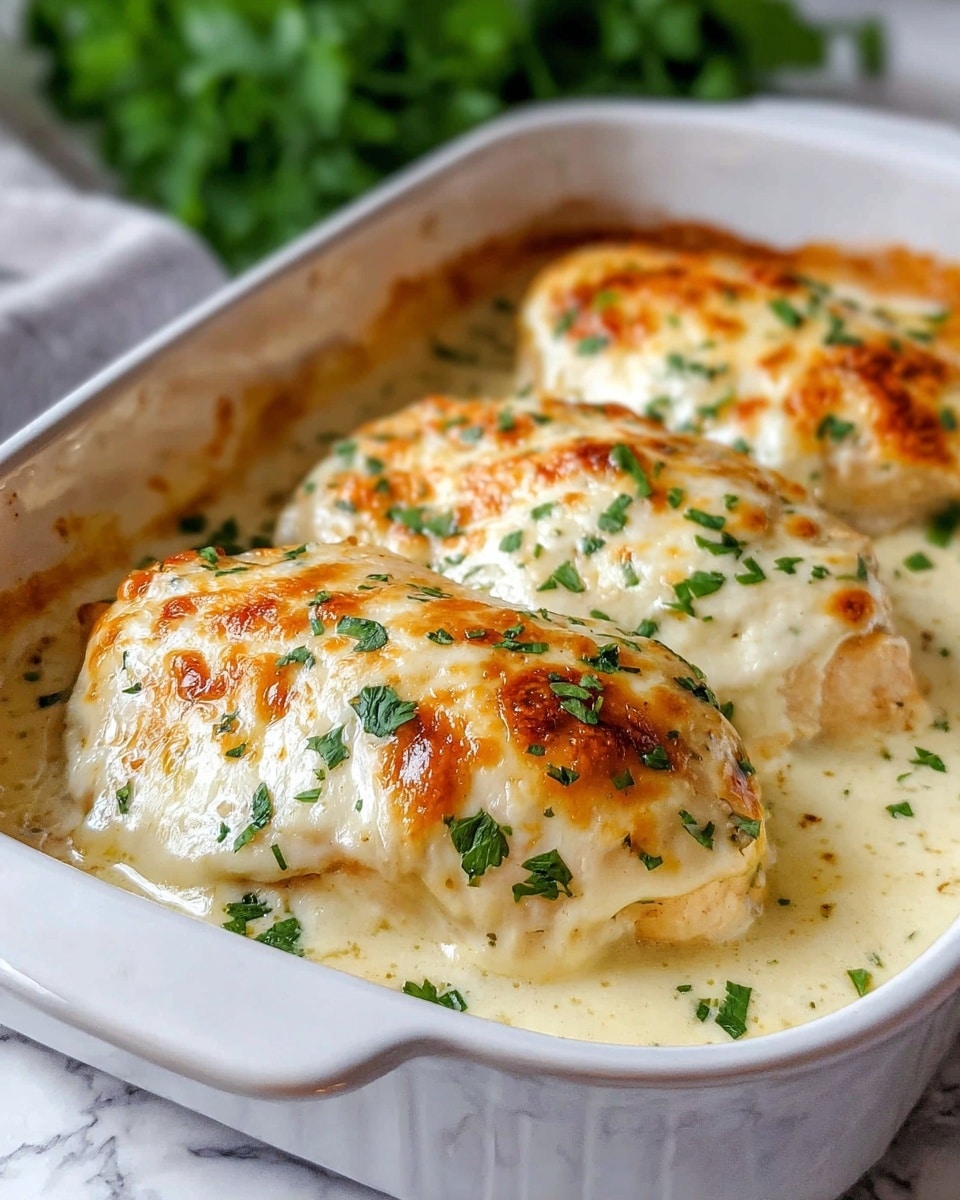A white baking dish holds three large chicken breasts covered completely in a thick, creamy white sauce that is broiled to a golden brown on top, creating a bubbly and slightly crispy texture. The sauce pools gently around the chicken, with a few fresh chopped green herbs sprinkled evenly over the top, adding bright color contrast. The dish is placed on a white marbled surface with a soft focus on a green leafy background, giving a fresh and warm feeling. photo taken with an iphone --ar 4:5 --v 7