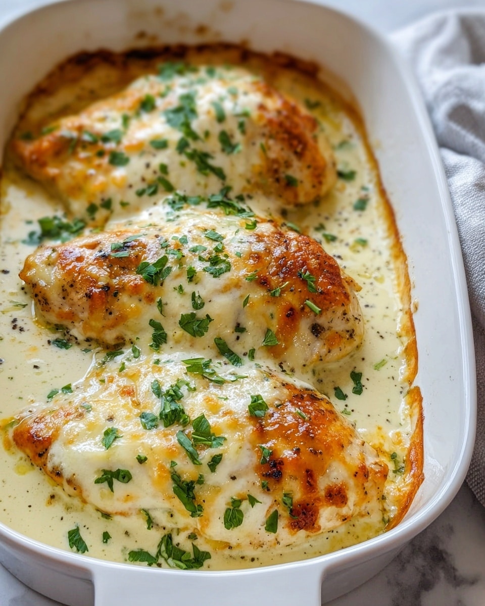 The image shows three large, golden-brown chicken breasts layered in a white baking dish, covered with creamy white sauce with visible black pepper specks, and topped with melted cheese that is golden and bubbly. Fresh green chopped herbs are scattered over the top, adding a pop of color. The sauce pools slightly around the edges of the chicken, creating a rich, smooth texture. The dish is placed on a white marbled surface with a soft focus on the background. photo taken with an iphone --ar 4:5 --v 7
