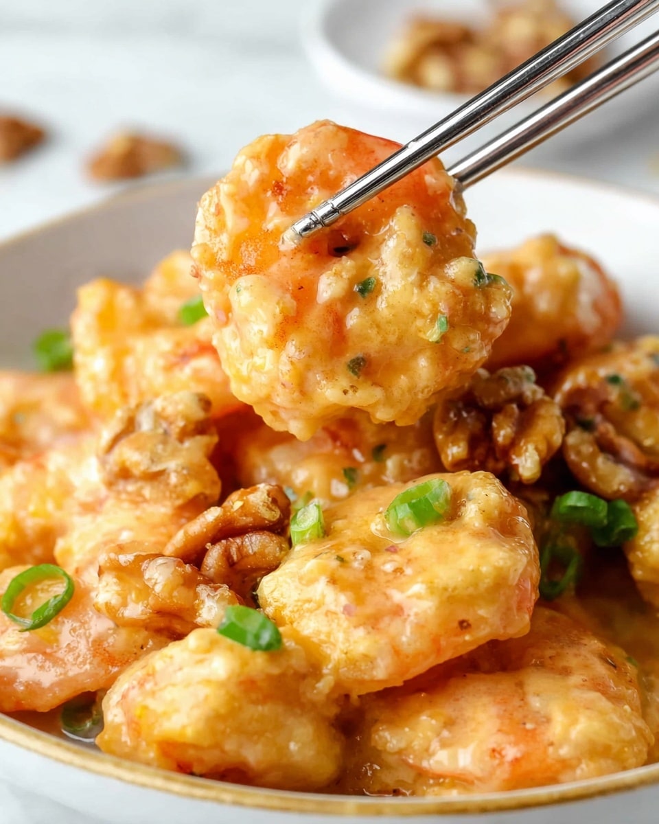 A close-up view of crispy golden-brown shrimp coated in a creamy, light orange sauce with green onion slices sprinkled on top; the shrimp looks juicy with a slightly crunchy texture, with a few pieces resting in a white bowl alongside some visible walnuts also covered in sauce, all placed on a white marbled surface. One shrimp is held up by metal chopsticks in the center, showing the sauce's smooth, glossy texture and the shrimp's plump shape. Photo taken with an iphone --ar 4:5 --v 7