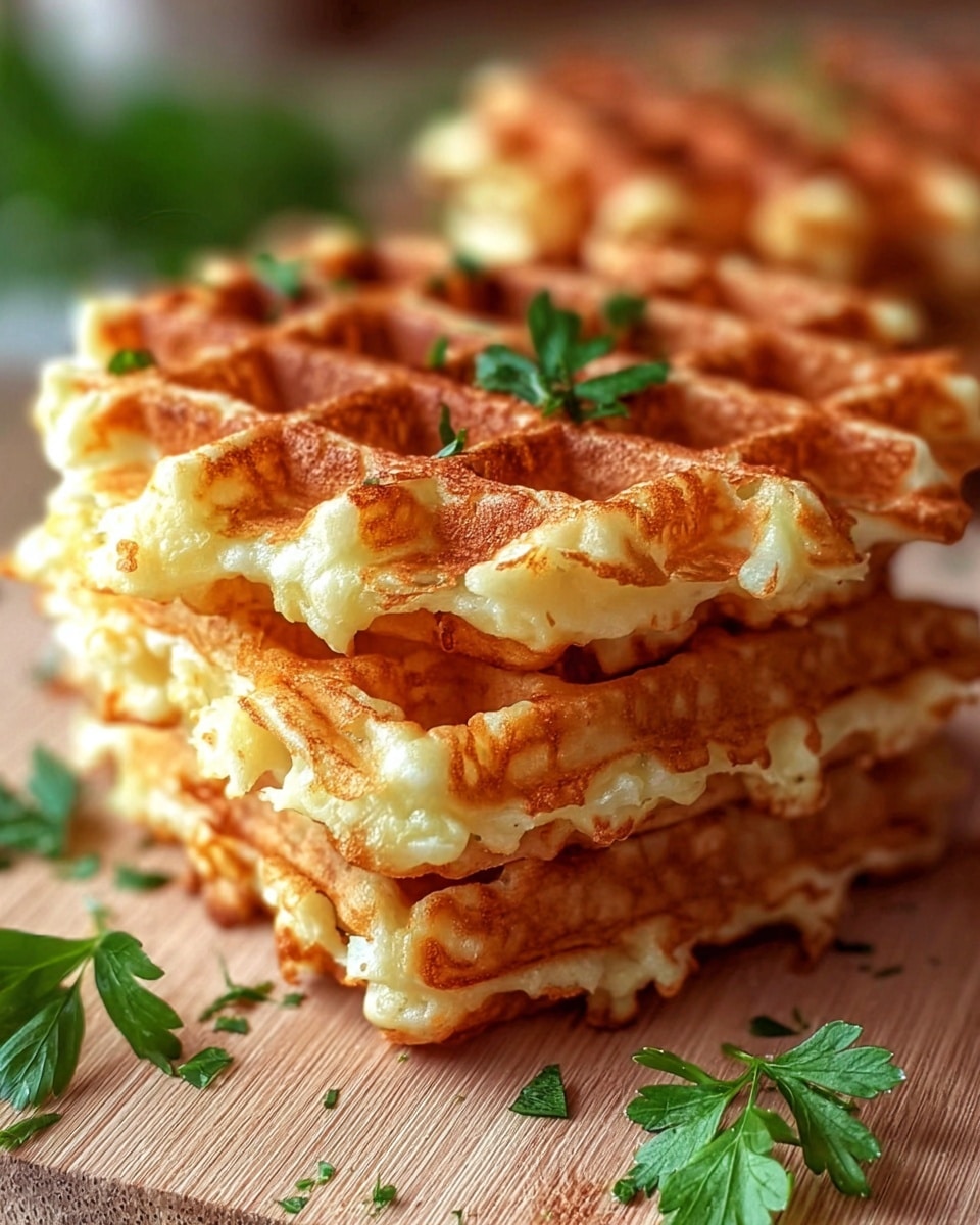 A stack of three crispy golden-brown waffles is shown on a wooden surface, each waffle layer featuring a distinct grid pattern with crunchy edges and a soft, light yellow interior. Small green parsley leaves are placed on top and around the waffles, adding a touch of color. The background is softly blurred with warm tones, giving a cozy and inviting feel. photo taken with an iphone --ar 4:5 --v 7
