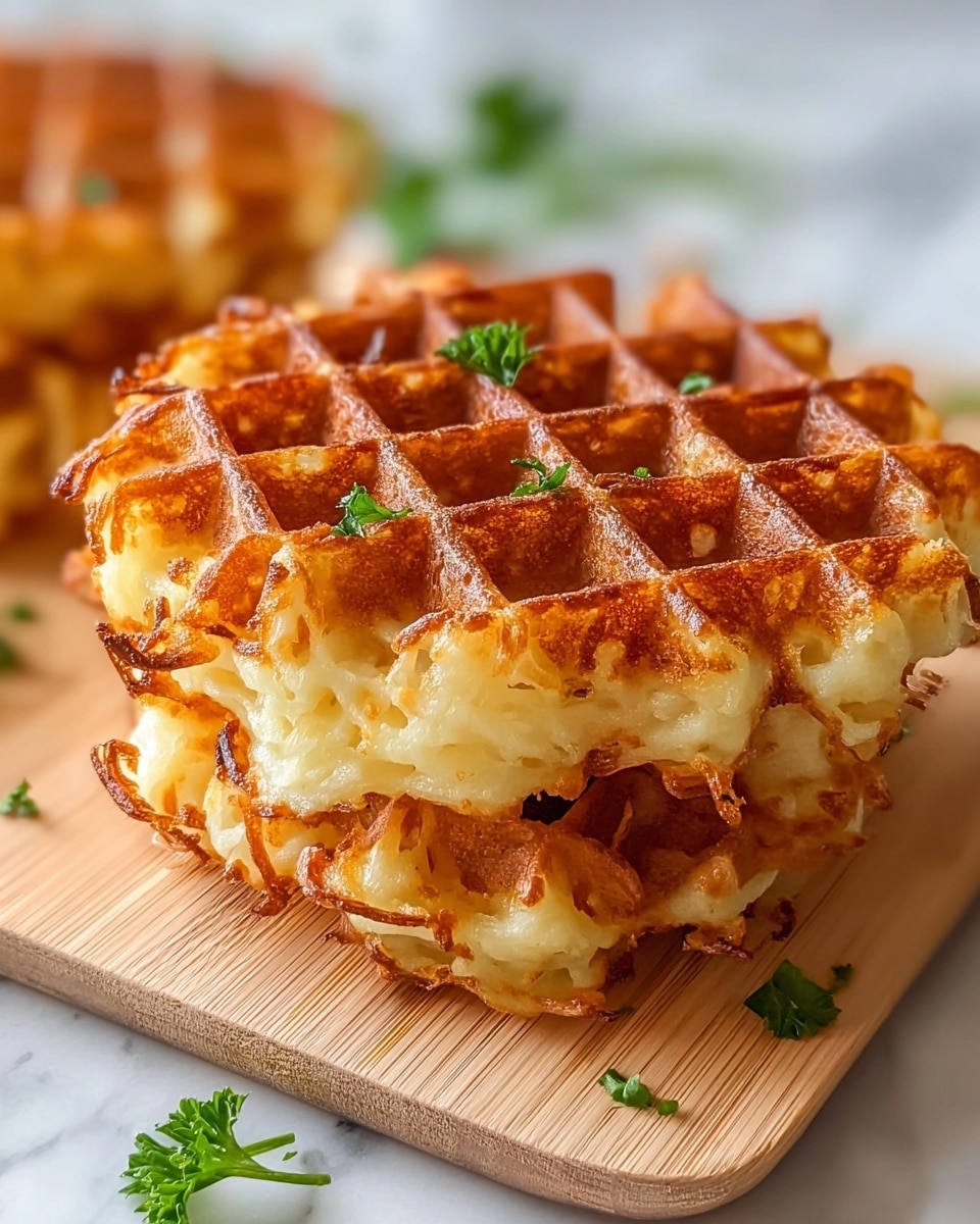 The image shows two golden brown waffles stacked on each other on a light wood board, each waffle having a crisp, textured grid surface with slightly uneven edges where some batter has crisply browned more than others. The waffles are pale yellow inside, with a crunchy exterior and soft, fluffy interior visible at the edges. Small green parsley leaves are scattered around them, adding a fresh pop of color. The background is softly blurred with a white marbled surface visible underneath. photo taken with an iphone --ar 4:5 --v 7