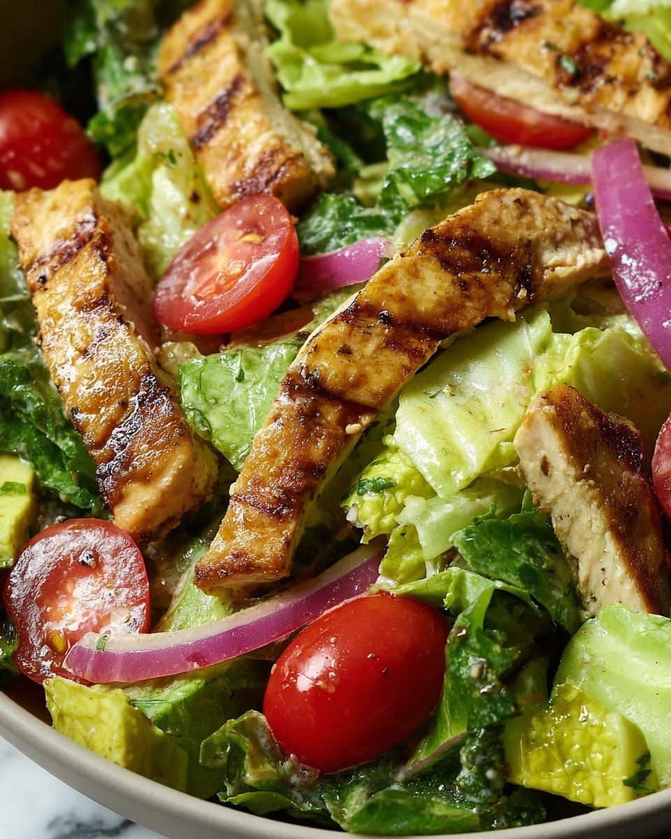 A close-up view of a fresh salad showing three main layers: the first layer is a mix of light and dark green romaine lettuce leaves with a slightly wet texture; the second layer includes bright red cherry tomato halves and vibrant purple-red onion slices with a smooth, shiny surface; the top layer features golden-brown grilled chicken strips with visible grill marks and a slight glaze. The salad has a light green creamy dressing coating some parts, giving a slightly glossy shine. The background is a white marbled texture. photo taken with an iphone --ar 4:5 --v 7