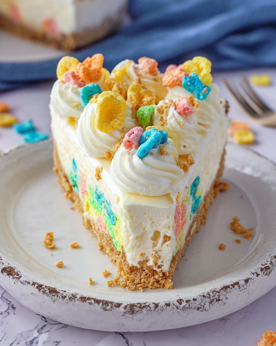 A slice of cheesecake with three layers is shown on a white plate with a cracked texture and a rough edge. The bottom layer is a light brown crumbly crust. The middle layer is a creamy white cheesecake that has colorful cereal pieces embedded inside, showing bright blue, green, and orange hues. The top layer consists of white whipped cream piped in swirls along the edge, decorated with crunchy cereal pieces in bright colors like yellow, pink, blue, and orange. Tiny bits of crushed cereal are scattered on top of the cheesecake. The background is a white marbled texture with a soft blue cloth and some cereal pieces out of focus. photo taken with an iphone --ar 4:5 --v 7