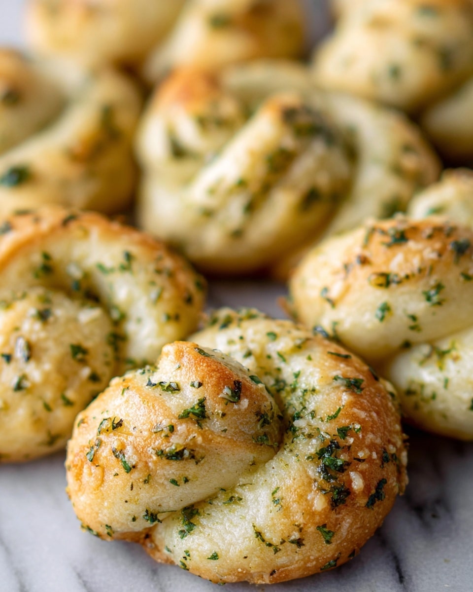 The image shows several soft, golden-brown garlic knots close together. Each knot has one rounded dough ball on top of a twisted dough ring, with visible specks of green herbs and light seasoning all over the surface giving a textured look. The knots have a fluffy, slightly shiny finish and look fresh out of the oven. The background is a white marbled texture with a blurred effect, making the knots the main focus of the image. Photo taken with an iphone --ar 4:5 --v 7