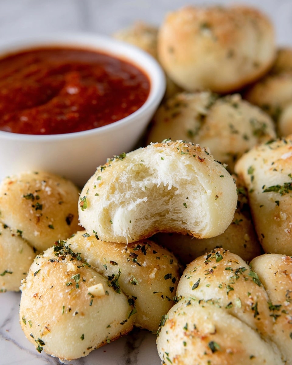 The image shows several soft, round garlic bread knots with a pale golden color, speckled with green herbs and bits of garlic on top, arranged closely together. One knot is broken open, revealing a light and fluffy inside texture. Behind the bread knots, there is a white bowl filled with thick, rich red marinara sauce. The whole scene is set on a white marbled surface, adding a clean and bright look to the image. photo taken with an iphone --ar 4:5 --v 7