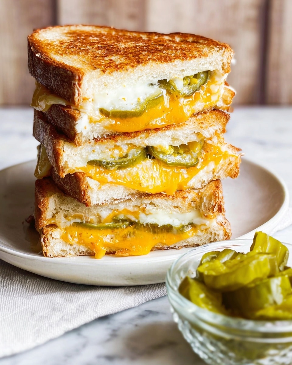 A stack of three grilled cheese sandwich halves is placed on a white plate on a white marbled surface. Each sandwich layer features golden-brown toasted bread with a slightly crispy texture. Inside, there are multiple layers consisting of melted yellow cheddar cheese, creamy white cheese, and slices of green pickles that add a burst of color. The melted cheese oozes slightly from the edges, with the pickles peeking through the cheese and bread layers. In the foreground, there is a small clear glass bowl filled with green pickle slices, resting on the white marbled surface. The photo captures the warm and comforting look of the sandwiches in bright, natural light. photo taken with an iphone --ar 4:5 --v 7
