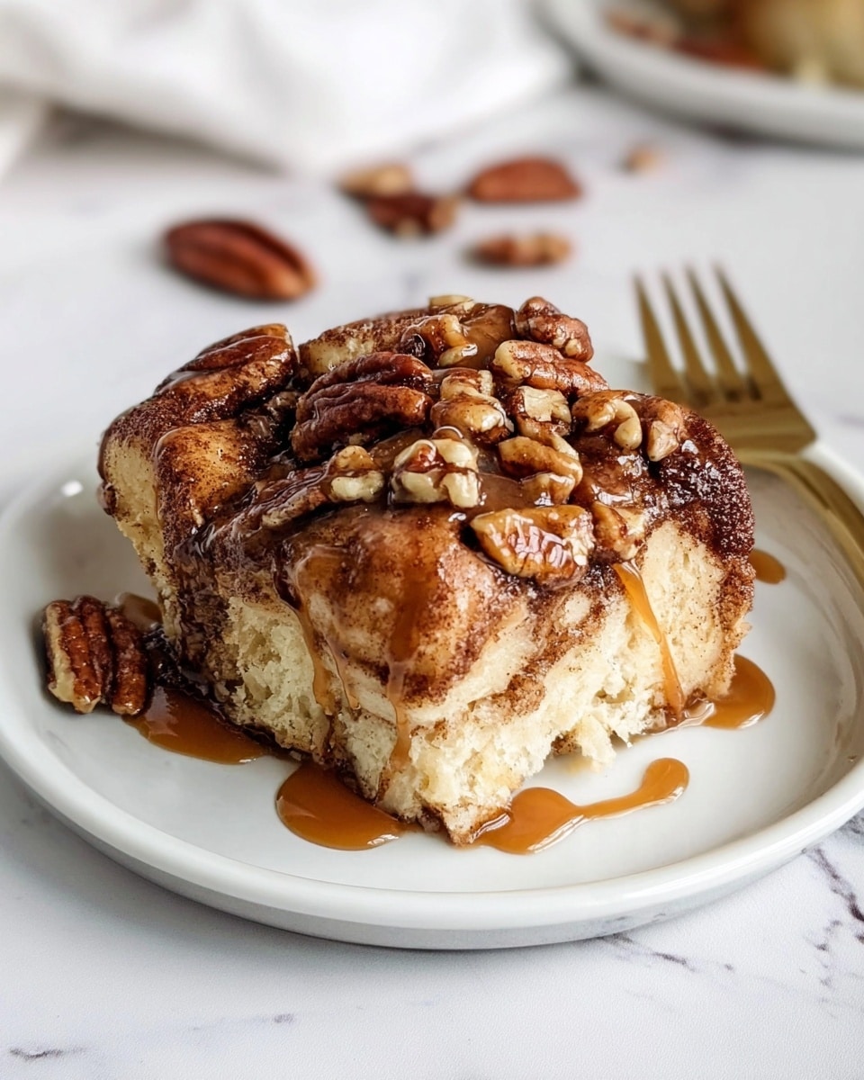 The image shows a square piece of cinnamon roll on a white plate, placed on a white marbled surface. The cinnamon roll has a thick layer of light beige dough at the bottom, topped with darker cinnamon swirls forming a rounded, crumbly upper layer. Toasted pecans are scattered on top, adding a rich brown color and a crunchy texture. A shiny caramel sauce is drizzled over the top and sides, creating an inviting glossy layer. In the background, a gold fork lies on the right side, and there are some loose pecans around the plate. Photo taken with an iphone --ar 4:5 --v 7