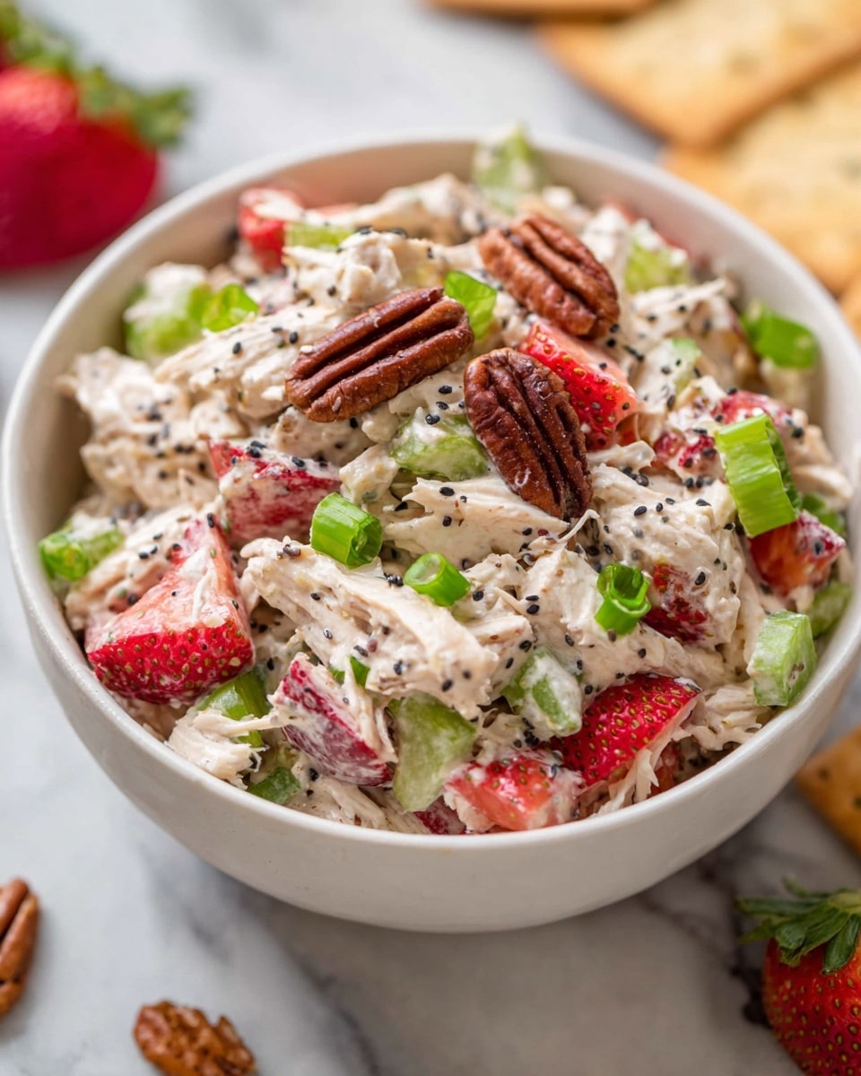 A white bowl filled with a creamy chicken salad that has shredded white chicken as the main thick layer mixed with a light dressing. Bright red strawberry pieces and light green celery chunks are mixed evenly throughout, adding pops of color and texture. There are whole dark brown pecans scattered on top and within the salad, while small black poppy seeds are sprinkled across the surface. Bright green chopped scallions are layered on top, adding freshness and contrast. The bowl sits on a white marbled surface with some scattered pecans and crackers around it. photo taken with an iphone --ar 4:5 --v 7