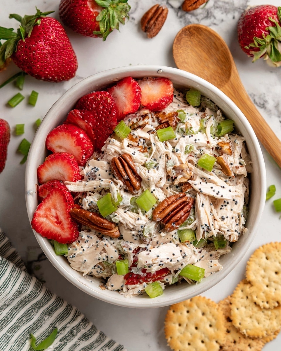 A white bowl filled with a creamy chicken salad that has three main layers: shredded white chicken mixed with creamy dressing dotted with black poppy seeds, bright red sliced strawberries, and green chopped celery and green onion pieces scattered throughout. There are also whole pecans nestled inside the salad. Around the bowl on a white marbled surface, there are whole strawberries, pecans, broken pieces of round crackers, and some green onion slices. A wooden spoon and a striped cloth are placed nearby. Photo taken with an iphone --ar 4:5 --v 7