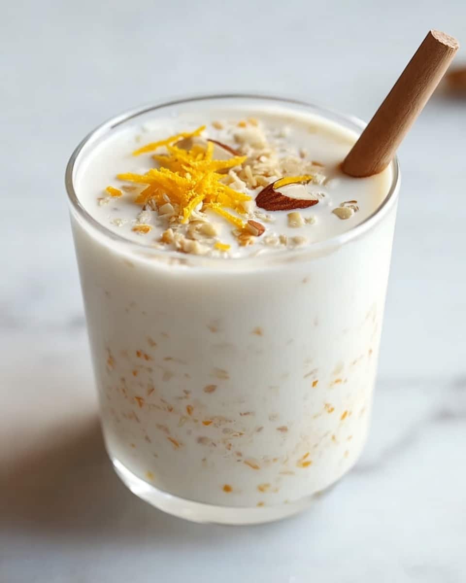 A clear glass filled with a creamy white drink, showing about two layers: the lower layer is slightly speckled with fine brown and orange bits creating a textured look, and the thicker upper layer is smooth and pure white. On top, there are thin yellow shreds and small chopped brown nut pieces sprinkled as garnish. A wooden stick is placed inside the drink. The glass is set on a white marbled surface. photo taken with an iphone --ar 4:5 --v 7