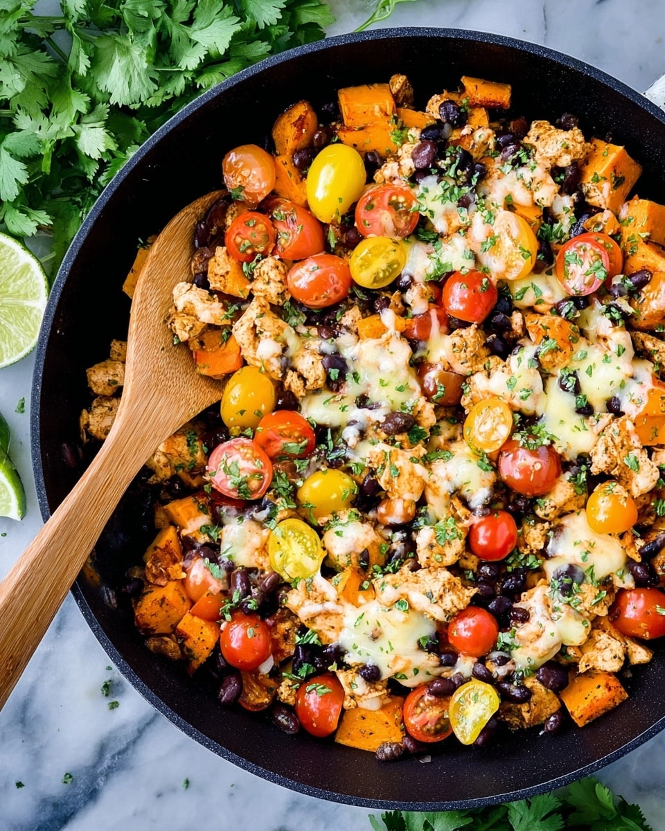 The image shows a black skillet filled with a colorful mix of cooked food. The base layer is made of small chunks of light brown cooked chicken, orange diced sweet potatoes, and black beans. On top, there are halved yellow and red cherry tomatoes, with melted yellow and white cheese spread unevenly across the dish, adding a creamy texture. Small green chopped herbs are sprinkled all over, enhancing the freshness of the food. A wooden spoon with a smooth texture is placed inside the skillet on the left side, partially covered by the food. The skillet sits on a white marbled surface with some green cilantro leaves and lime slices around it. photo taken with an iphone --ar 4:5 --v 7