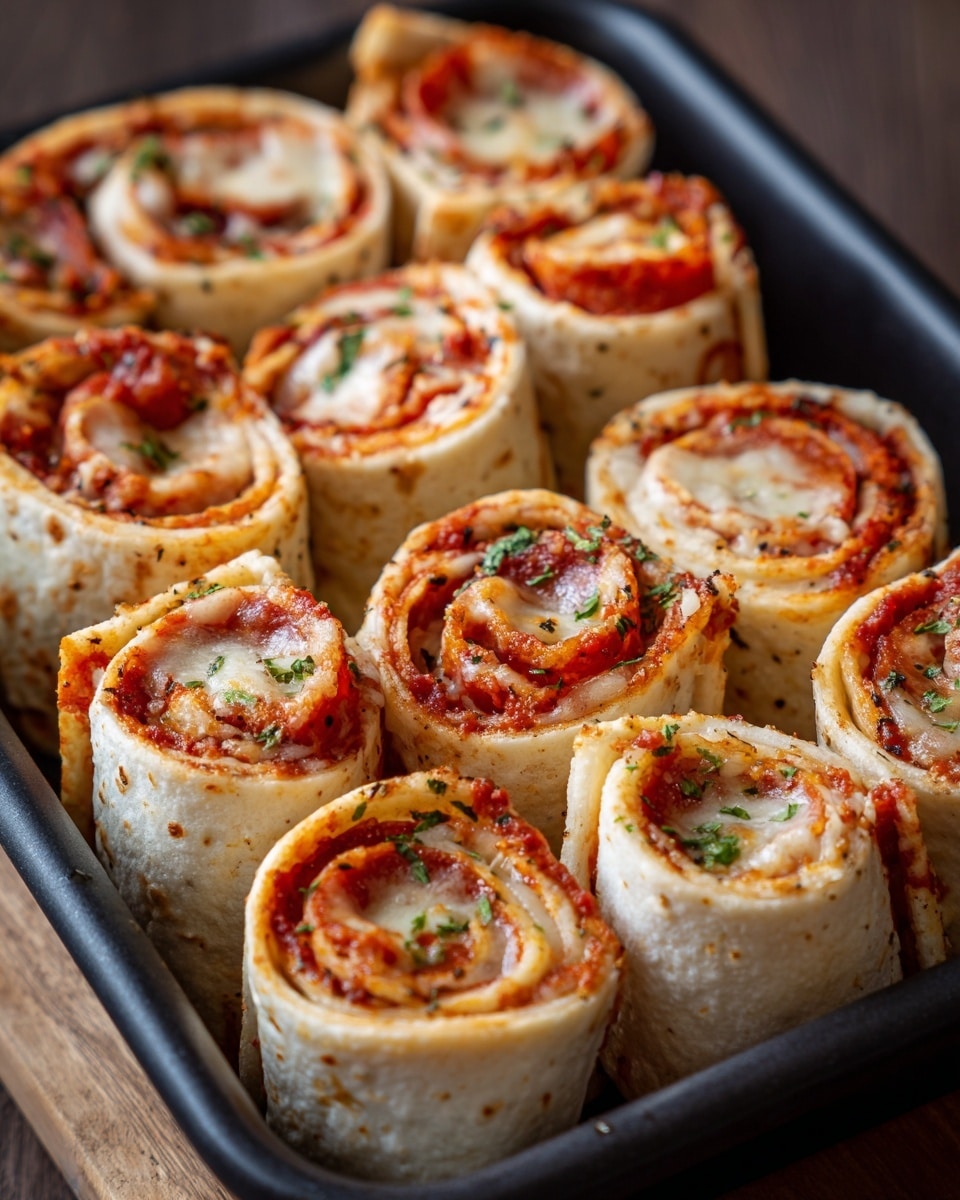 The image shows a black baking tray filled with about a dozen pizza roll-ups arranged closely together. Each roll has a thick white tortilla outer layer with a slightly browned texture and visible seasoning. Inside, there are bright red tomato sauce and slices of pepperoni, topped with melted cheese that has golden-brown spots and is sprinkled with finely chopped green herbs. The rolls stand vertically, showing multiple thin spiral layers of tortilla, sauce, pepperoni, and cheese inside, giving a textured and colorful look. The tray rests on a wooden surface. photo taken with an iphone --ar 4:5 --v 7