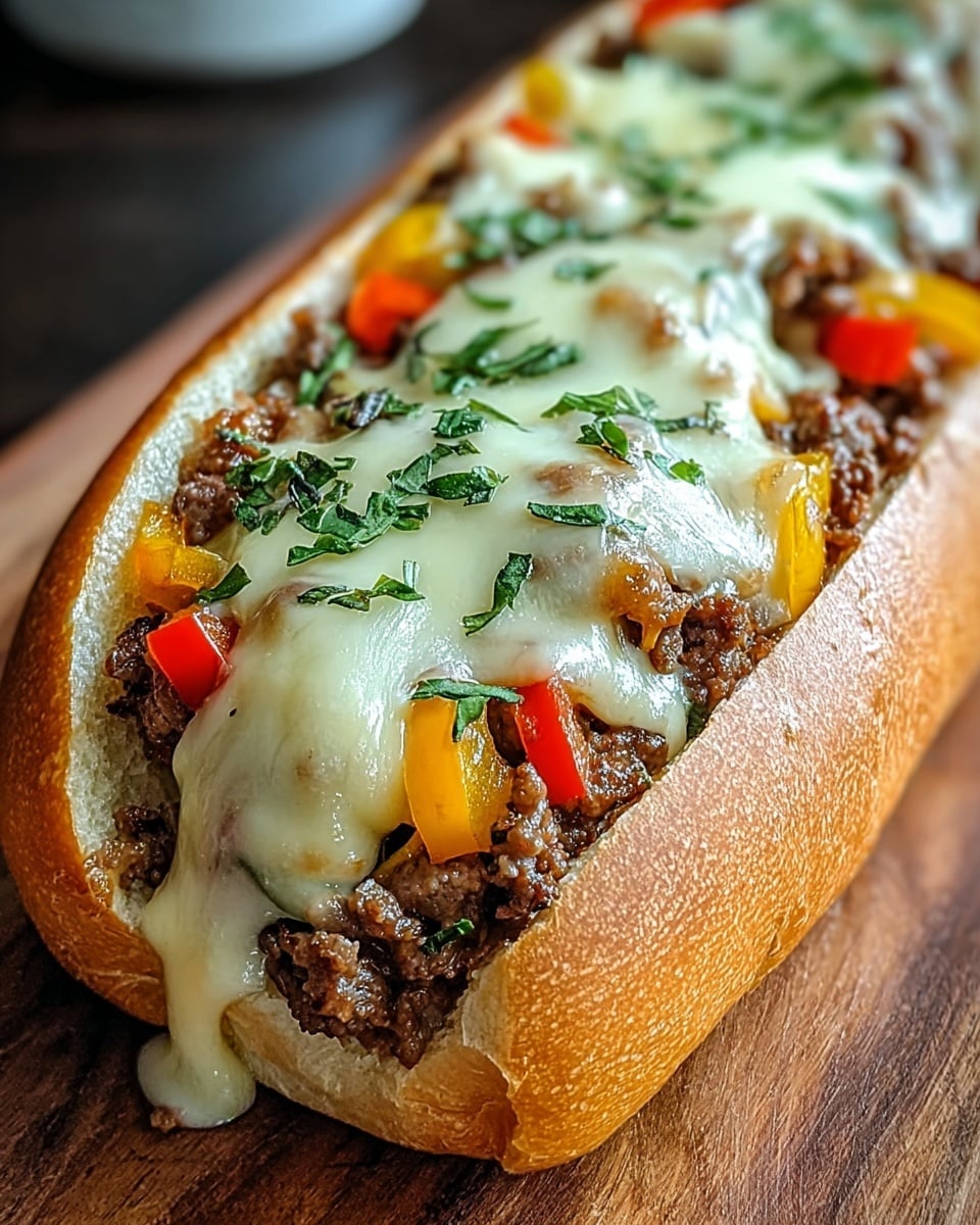 A close-up of a long sandwich with a soft, golden-brown bread roll. The sandwich is filled with cooked ground beef mixed with small slices of red and yellow bell peppers. On top, melted white cheese covers the meat, dripping slightly over the sides of the bread. Fresh green herbs are sprinkled over the cheese. The sandwich rests on a wooden board with a blurred background. photo taken with an iphone --ar 4:5 --v 7