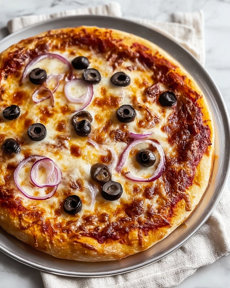 A slice of pizza being lifted with melted, gooey mozzarella cheese stretching between the slice and the rest of the pizza. The pizza has a golden-brown thick crust, a layer of red tomato sauce beneath a thick layer of bubbly, melted white cheese, and is topped with black olive slices and thin rings of light purple onion scattered evenly. The pizza rests on a surface with a white marbled texture. photo taken with an iphone --ar 4:5 --v 7