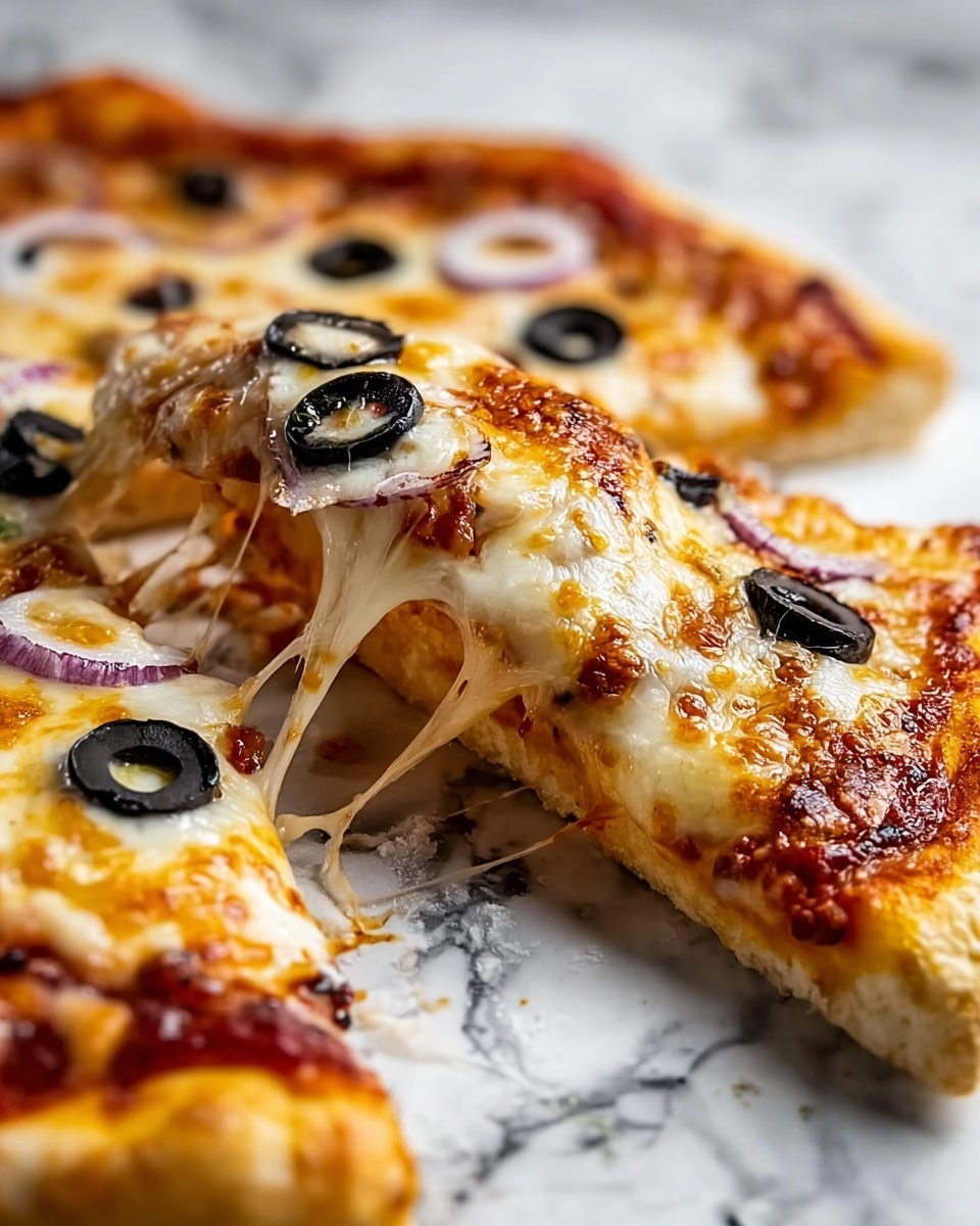 A freshly baked pizza is shown on a silver round tray placed on a white marbled surface with a pale cloth underneath. The pizza has a golden-brown crust with a slightly thicker edge. The first layer is a rich red tomato sauce spread evenly over the base, topped with a smooth layer of melted mozzarella cheese covering almost the entire surface in creamy white with some golden browned spots. Scattered on top are glossy black olive slices and thin rings of purple-red onion, adding color contrast. The overall texture is soft and gooey from the cheese, with hints of crispiness on the edges. photo taken with an iphone --ar 4:5 --v 7