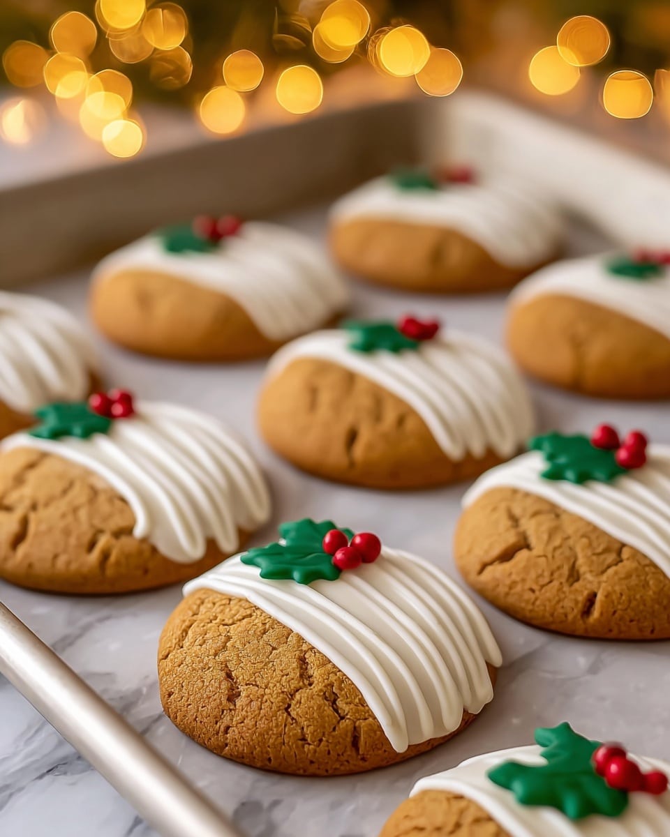 The image shows several round cookies with a textured golden brown surface. Each cookie is half dipped in smooth white icing that covers the bottom half. On top of the white icing, there are thin white icing lines drizzled diagonally. Small green holly leaf decorations with a red berry are placed near the top edge of the white icing on each cookie. The cookies are laid out on a white marbled surface in close grouping. photo taken with an iphone --ar 4:5 --v 7