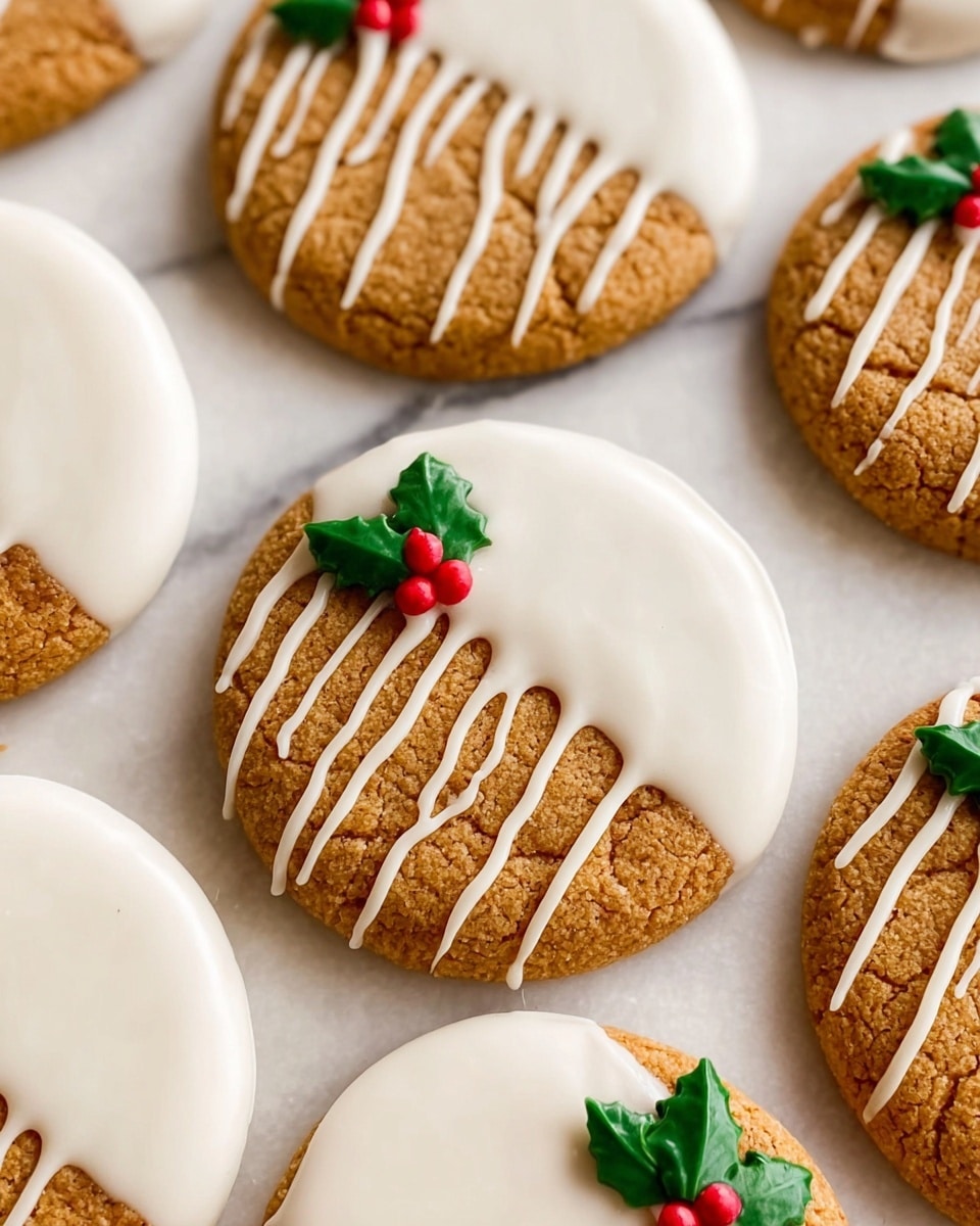 The image shows a baking tray filled with round, golden-brown cookies, each half dipped in smooth white icing that covers the bottom half and drips slightly onto the tray. On top of the white icing, there are thin, even lines of white drizzle across the iced section. Each cookie is decorated with a small green holly leaf and two red berries made of icing, placed near the edge of the iced half. The cookies have a slightly cracked texture, and the tray rests on a white marbled surface with soft, warm lights in the background. Photo taken with an iphone --ar 4:5 --v 7