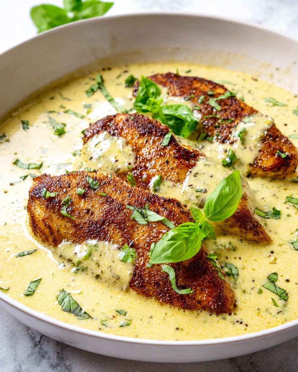 A white shallow bowl filled with three browned, crispy chicken breasts arranged side by side, each covered partially with a thick, creamy light yellow sauce with small flecks of herbs. Fresh green basil leaves are scattered on the sauce and around the chicken, adding bright color. The creamy sauce has a smooth texture with some herbs mixed throughout, gently pooling around and over the chicken. The bowl sits on a white marbled surface. photo taken with an iphone --ar 4:5 --v 7