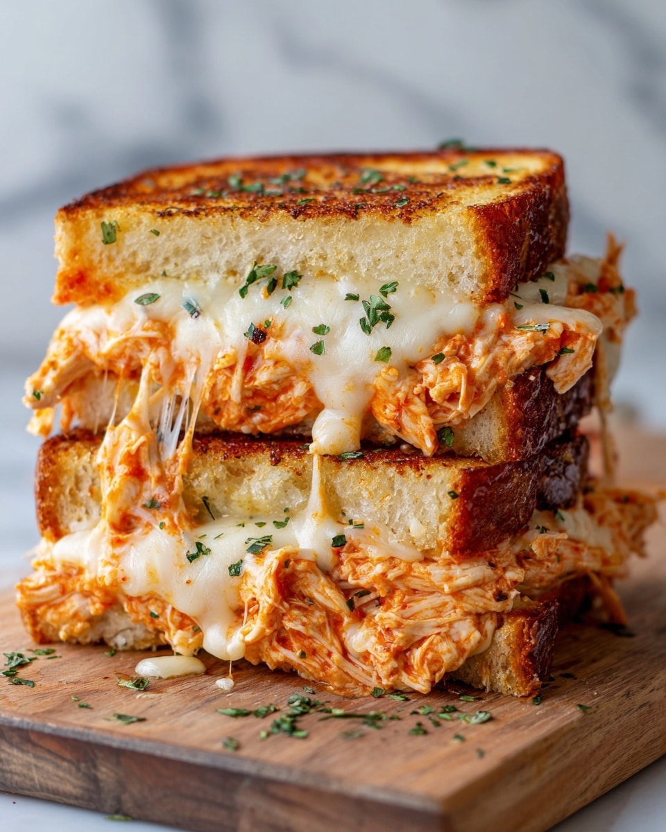 A close-up of a double-layer grilled sandwich stacked on a wooden board with a white marbled texture background. The sandwich has three thick golden-brown toasted bread slices on top, with melted white cheese oozing out between the layers. The first layer under the top bread is bright orange-red sauce mixed with shredded cooked chicken, and the second layer has more shredded chicken mixed with melted cheese, showing stringy cheese stretching out with some herbs sprinkled on the sandwich and scattered around it. Photo taken with an iphone --ar 4:5 --v 7