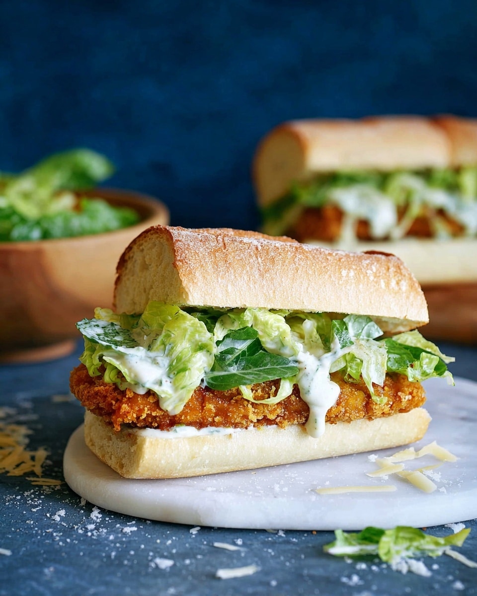 A sandwich with three visible layers is shown on a white marbled surface; the bottom layer is a soft, light beige bread cut lengthwise, above it is a golden brown crispy fried patty with a rough texture, and the top layer consists of fresh green lettuce mixed with a creamy white dressing that slightly drips down the sides, topped with another piece of the same bread. In the blurred background, there is a second sandwich and a wooden bowl with leafy greens, all placed against a dark blue backdrop. Some loose lettuce leaves and grated cheese are scattered on the surface near the sandwich. Photo taken with an iphone --ar 4:5 --v 7