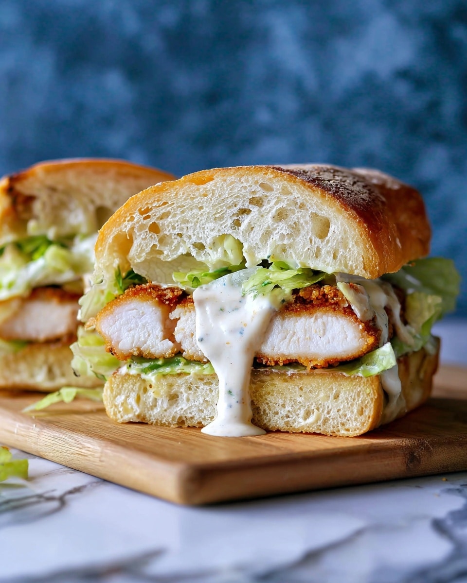 The image shows a sandwich cut in half, stacked on a wooden board against a white marbled surface. Each half has three clear layers inside thick, crusty bread: the bottom layer is a light brown, crispy fried chicken breast, the middle layer is fresh green lettuce, and the top layer is a creamy white sauce dripping down the side. The bread is golden on the outside and soft white on the inside. The focus is on the sandwich with a blurred blue background. photo taken with an iphone --ar 4:5 --v 7