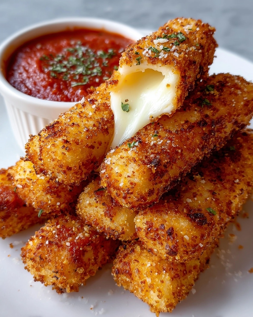 A stack of seven golden brown, crispy mozzarella sticks with a rough, crumb-coated texture is arranged close together on a white plate. One mozzarella stick is broken open at the top, showing smooth, melted white cheese stretching out. Behind the stack, a small white ramekin filled with thick, chunky red marinara sauce topped with small green herb sprinkles sits on the plate. The white marbled surface underneath is visible at the corner. Photo taken with an iphone --ar 4:5 --v 7