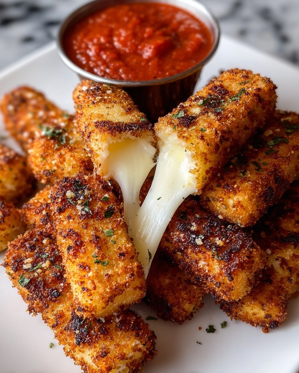 A white plate holds about ten rectangular mozzarella sticks coated in a crispy, golden-brown breadcrumb crust with some dark toasted spots and sprinkled bits of green herbs. One mozzarella stick is broken in half, showing soft, white melted cheese stretching between the two halves. Behind the mozzarella sticks, a small metal cup filled with thick, red marinara sauce sits partially in view. The background surface is a white marbled texture. photo taken with an iphone --ar 4:5 --v 7