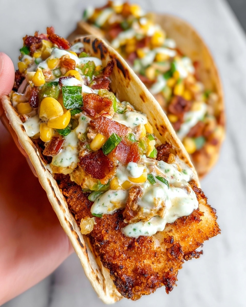 A close-up view of a soft, slightly toasted taco shell held by a woman's hand, filled with a crispy, golden-brown fried fish fillet that has a textured, crunchy crust. On top of the fish is a creamy white sauce with green herbs mixed in, drizzled over and amid small bits of charred bacon and a colorful mixture of yellow corn kernels and green peppers, creating a fresh and rich combination. Behind the main taco, another similar taco rests on a white marbled surface, slightly blurred. The photo taken with an iphone --ar 4:5 --v 7