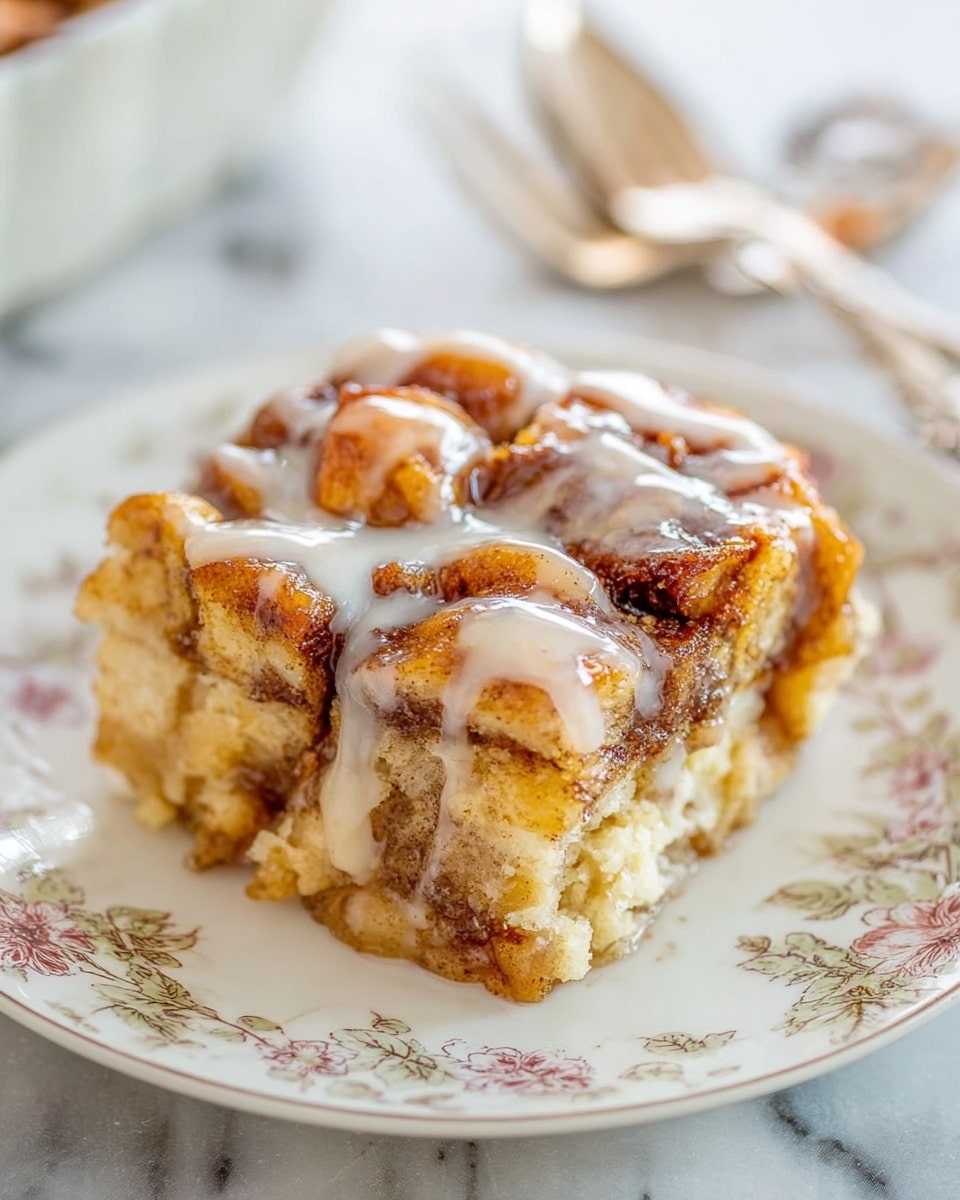 A square piece of cinnamon roll bread pudding sits on a white plate with a floral pattern. The dessert has two main layers: a bottom layer of a golden brown crust mixed with soft bread pieces, and a top layer of chunky, golden brown with cinnamon swirls bread pieces covered with a glossy white icing drizzled unevenly over the top. The bread pieces are slightly caramelized and look soft and moist inside. The plate rests on a white marbled surface, with a blurred spoon and fork in the background. photo taken with an iphone --ar 4:5 --v 7
