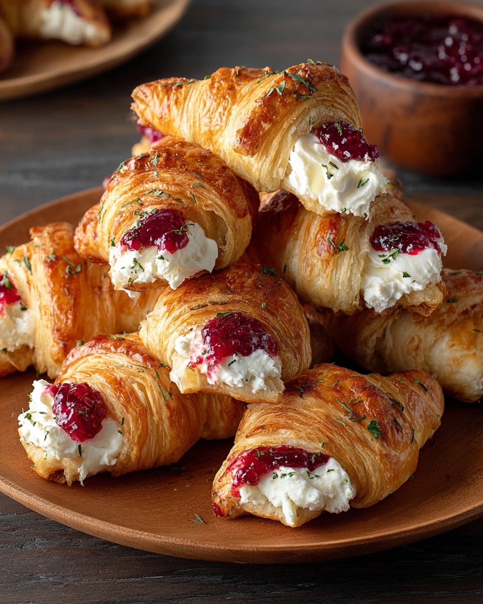 A round wooden plate holds a stack of seven golden-brown croissants, each cut open and filled with creamy white cheese. On top of the cheese in each croissant is a dollop of bright red berry jam, creating a vivid contrast. The croissants have a shiny, flaky texture with tiny green herbs sprinkled on them. The wooden plate is placed on a dark wooden surface that is not visible in the final description due to changes requested. In the background, a white marbled texture surface and a brown bowl filled with more red berry jam are slightly blurred. photo taken with an iphone --ar 4:5 --v 7