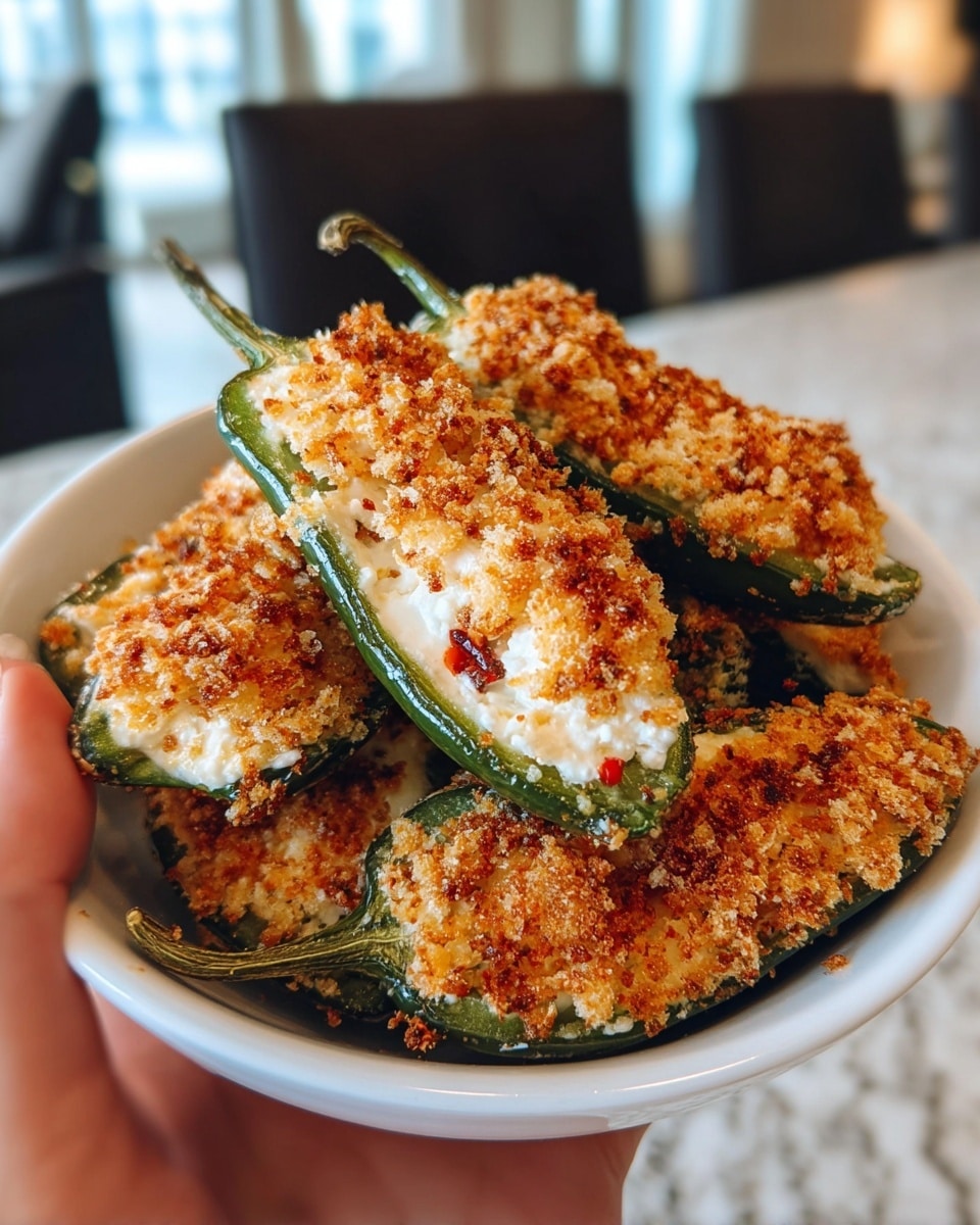 A white bowl filled with several jalapeño halves, each one layered with three main parts: the dark green jalapeño skin on the outside, a creamy, white cheese filling mixed with small red pepper flakes in the middle, and a golden-brown crispy breadcrumb topping that looks crunchy and toasted, covering the cheese. One jalapeño is held by a woman's hand, showing the soft cheese layer inside clearly, with the crunchy crumb topping on top, all set against a blurred indoor background and a white marbled surface. Photo taken with an iphone --ar 4:5 --v 7