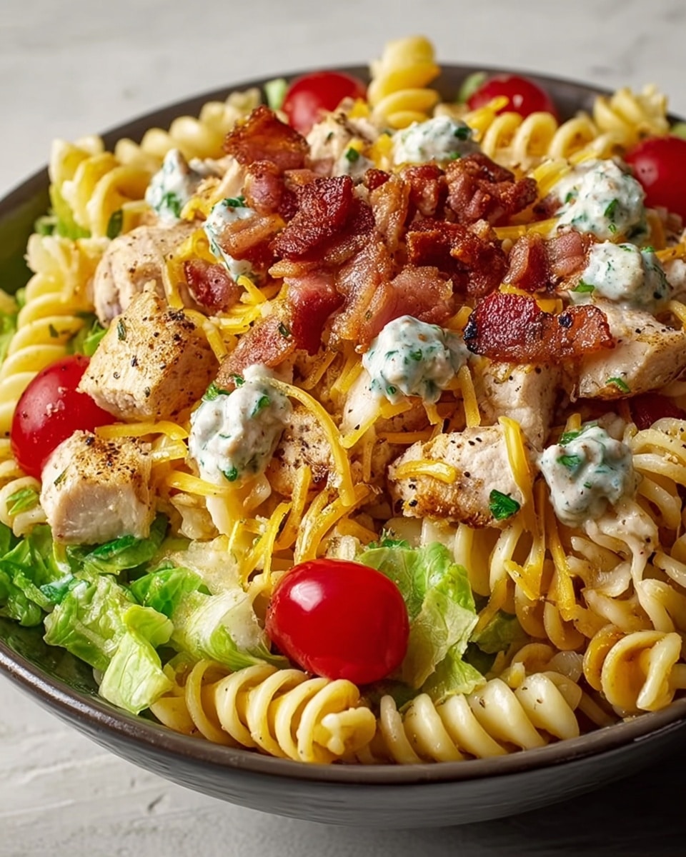 A close-up view of a white bowl filled with a colorful pasta salad, layered with creamy light yellow spiral rotini pasta at the base, scattered pieces of fresh green lettuce throughout, bright yellow corn kernels, juicy red cherry tomatoes, small chunks of white cooked chicken, crisp strips of reddish-brown bacon, and bits of finely chopped purple onion on top. The salad is lightly coated with a creamy dressing that adds a slight shine. The bowl sits on a white marbled surface. Photo taken with an iphone --ar 4:5 --v 7