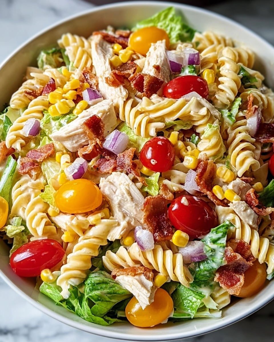 A close-up of a pasta dish in a white bowl on a white marbled texture surface, featuring three layers: the bottom layer is cooked spiral rotini pasta in a soft yellow color with a slightly glossy texture, mixed with bright green fresh lettuce pieces and whole red cherry tomatoes; the middle layer consists of browned chicken chunks, pan-fried to a light golden brown with a slightly crispy exterior; the top layer has crispy reddish-brown bacon bits scattered throughout, small dollops of creamy pale sauce with green herb flecks, and a light sprinkle of shredded yellow cheese and finely chopped green herbs, all peppered lightly with black pepper. Photo taken with an iphone --ar 4:5 --v 7