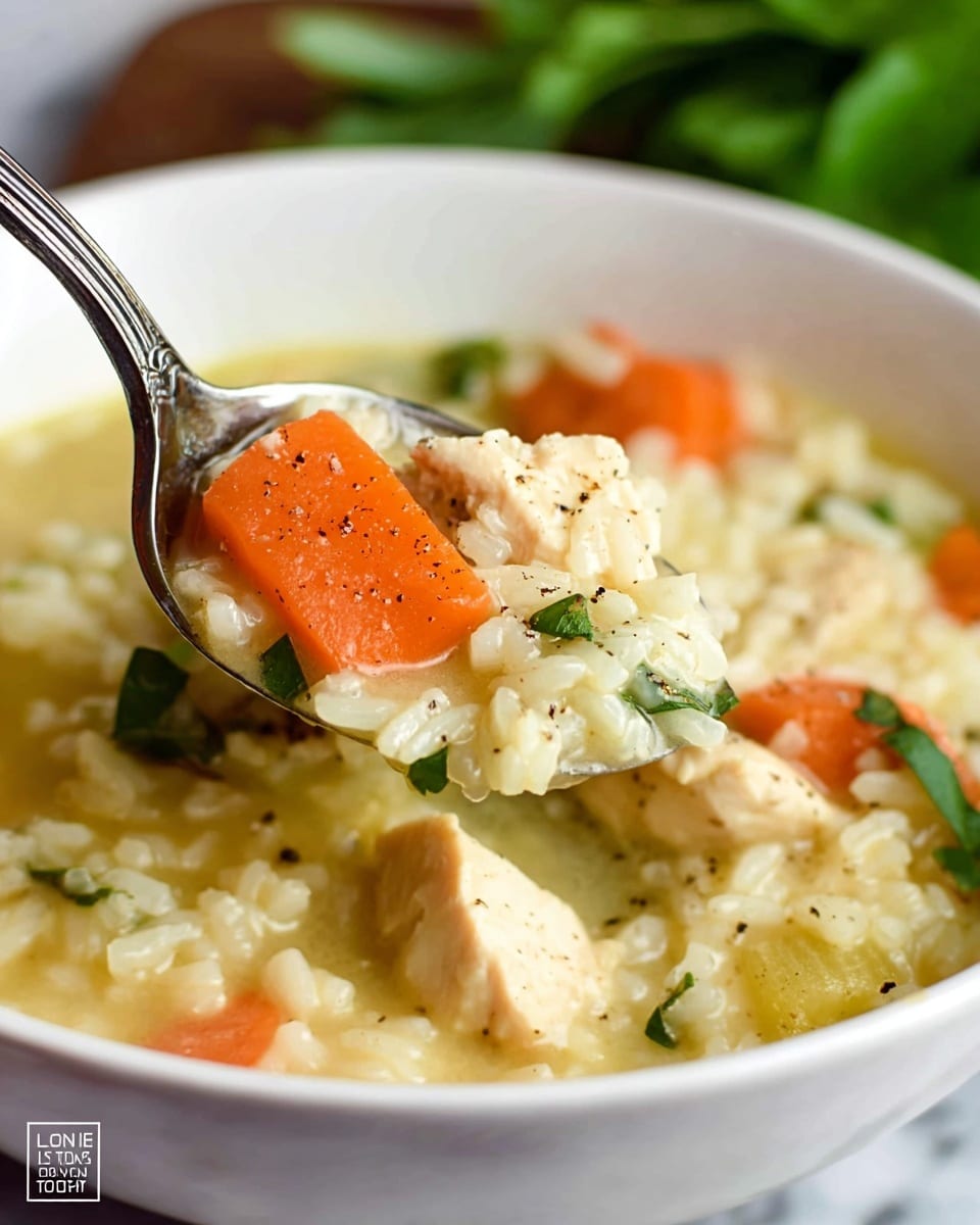 A white bowl with a thin black rim is filled with a thick soup that has three main layers: soft cooked rice with a creamy, slightly yellow texture at the bottom, tender chunks of pale chicken scattered throughout the middle, and bright orange carrot slices on top, each layer mixed smoothly together. Black pepper and bits of green herbs are sprinkled on the surface, adding texture and color. The bowl sits on a bed of fresh, dark green and purple leafy greens, all placed on a white marbled surface. photo taken with an iphone --ar 4:5 --v 7