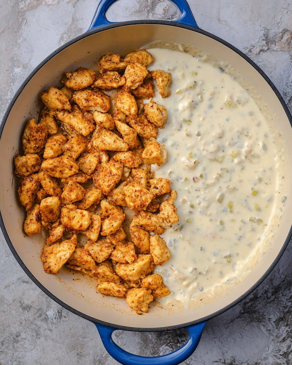 The image shows a cooking pan with two clear sections: on the left side, there are many small, golden-brown pieces of cooked chicken with a slightly crispy texture, arranged close together. On the right side, there is a creamy white sauce with small visible bits of herbs or spices, covering about half of the pan. The pan is white with blue handles and rests on a white marbled surface. photo taken with an iphone --ar 4:5 --v 7