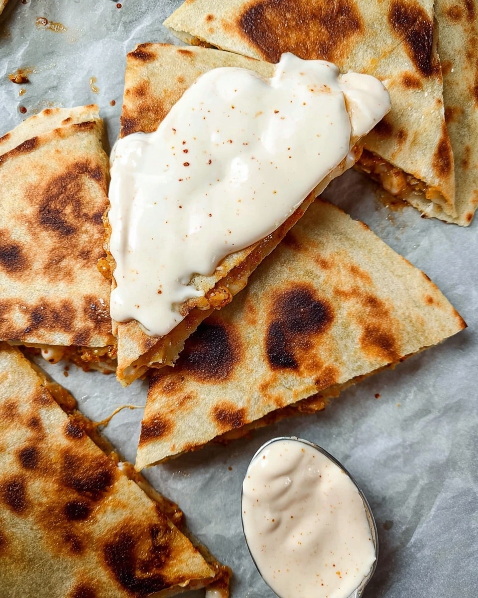 The image shows a close-up of a folded flatbread cut into triangles with visible brown toasted spots on the top layer, indicating a crispy texture. One triangle piece is topped with two dollops of sauce: the bottom layer is a smooth, thick white cream, and the top layer is a slightly darker creamy sauce with specks of spices, spread unevenly. The flatbread holds a visible filling with a golden-brown color peeking from the edges. Nearby, a spoon with additional creamy sauce rests on a parchment paper-lined surface with a white marbled texture underneath. photo taken with an iphone --ar 4:5 --v 7