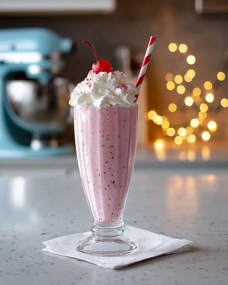 A tall clear glass with a rounded base holds a pink milkshake filled with tiny black specks spread evenly throughout. On top, a thick, fluffy layer of white whipped cream is swirled high, crowned with a single bright red cherry with a stem. A red and white striped straw leans on the whipped cream, adding a playful touch. The glass sits on a white napkin on a surface with a white marbled texture. In the softly blurred background, warm yellow fairy lights create a cozy atmosphere, with a mixer and other kitchen items barely visible. photo taken with an iphone --ar 4:5 --v 7