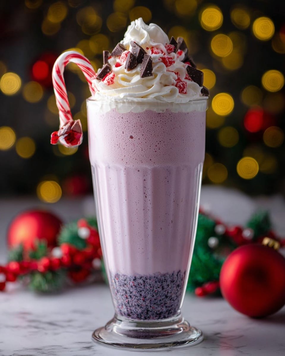 The image shows a tall, clear glass filled with a three-layered drink placed on a white marbled surface. The bottom layer is a thin, dark speckled purple, the middle layer is a smooth, light pink filling most of the glass, and the top layer is a thick, frothy light purple mix with darker speckles. On top of the drink, there is a generous swirl of white whipped cream decorated with small red pieces and flat chocolate shapes cut like Christmas trees. A red and white striped candy cane is hooked on the left side of the glass, and the blurry background has warm yellow lights and red and green Christmas ornaments around. Photo taken with an iphone --ar 4:5 --v 7