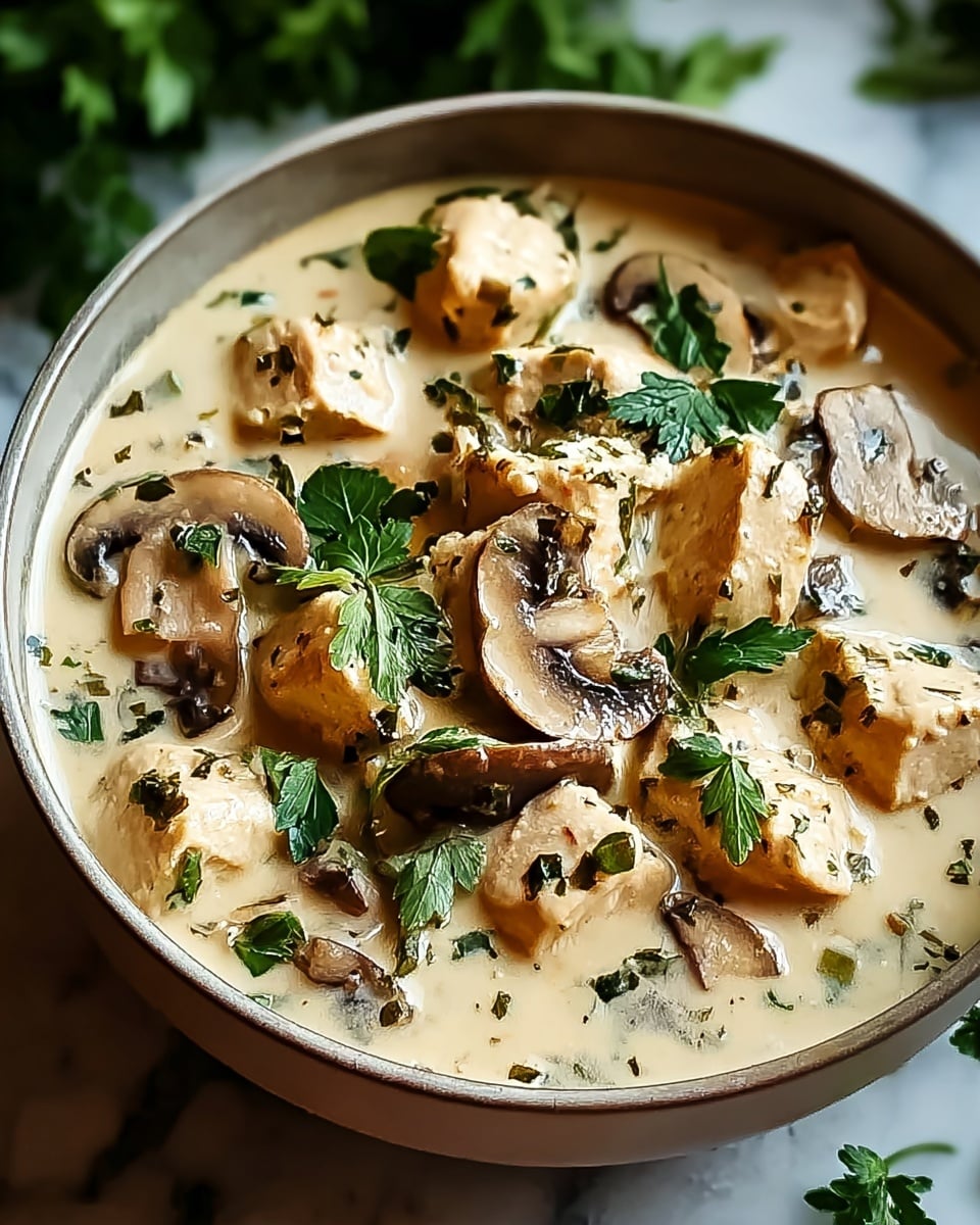 A deep bowl filled with creamy white sauce holding several large, light brown chunks of chicken and sliced mushrooms. The creamy sauce has a smooth texture with visible herbs mixed throughout, giving it small green flecks. Fresh, darker green parsley leaves are scattered on top, adding a pop of color. The bowl is placed on a white marbled surface with some blurred green foliage in the background, creating a fresh and natural setting. Photo taken with an iphone --ar 4:5 --v 7