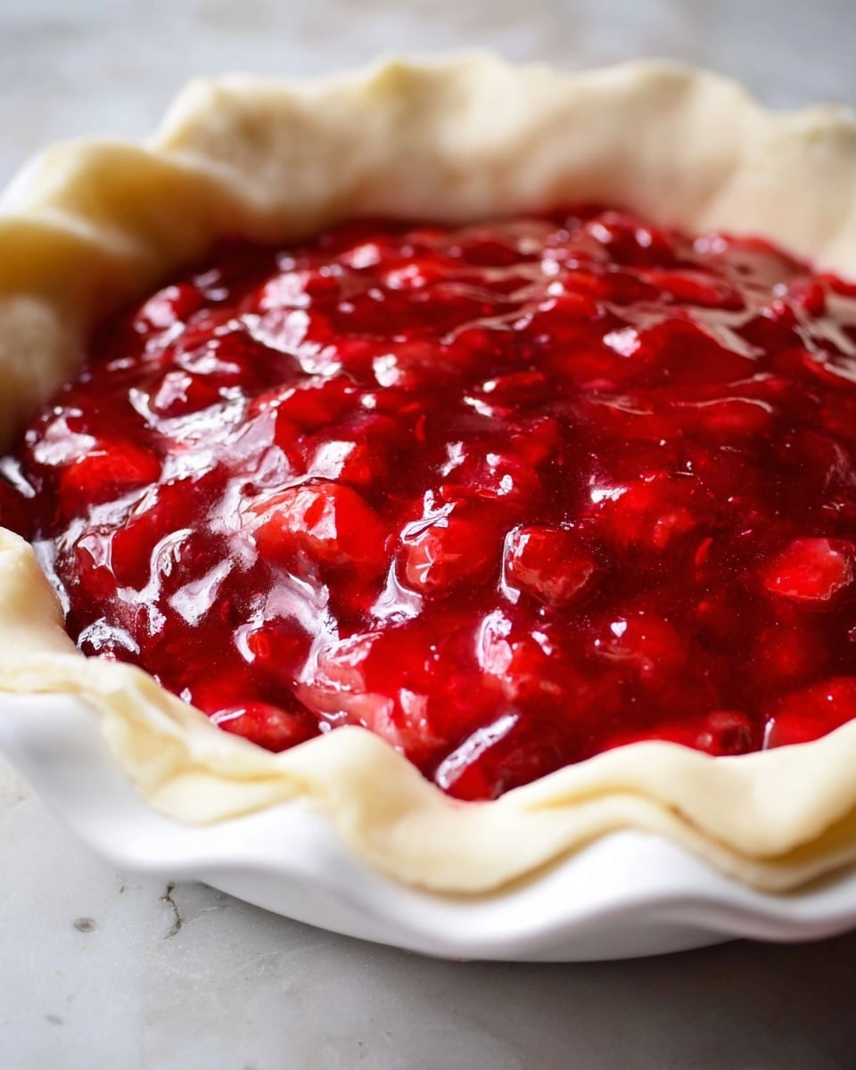 A close-up of a pie with one visible layer inside a white pie dish, the bottom layer is a pale, smooth, uncooked pie crust with thin folds around the edge, and the top layer is a thick, glossy, bright red fruit filling with chunks of fruit, giving it a textured appearance. The setting has a white marbled texture underneath the dish. photo taken with an iphone --ar 4:5 --v 7
