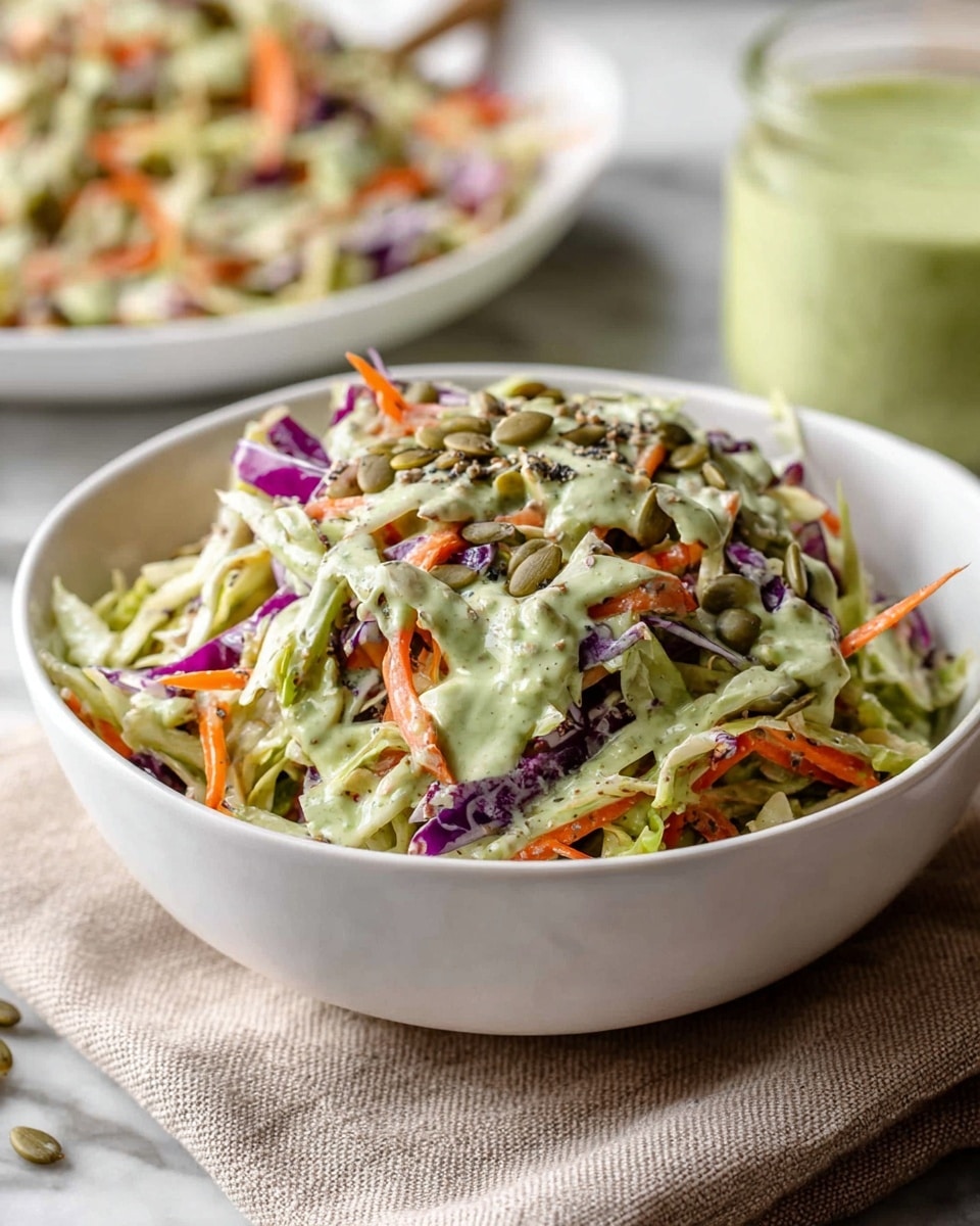 A white bowl filled with a layered salad showing shredded light green cabbage and purple cabbage mixed with thin orange carrot strips. This salad is topped with a creamy green dressing evenly drizzled over it and sprinkled with light brown pumpkin seeds. The bowl sits on a beige cloth over a white marbled surface, with a blurred white bowl of more salad in the background and a jar of the green dressing nearby. photo taken with an iphone --ar 4:5 --v 7
