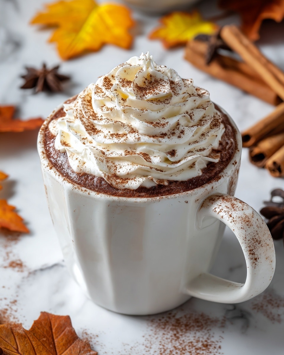 A white mug filled with a dark brown drink, topped with a thick layer of white whipped cream swirled in a spiral shape, sprinkled generously with fine brown powder that spills slightly over the edges of the mug and handle. The mug sits on a white marbled surface scattered with brown powder and autumn leaves in shades of yellow, orange, and brown. There are cinnamon sticks and cloves placed casually around the mug, adding warm tones to the scene. Photo taken with an iphone --ar 4:5 --v 7