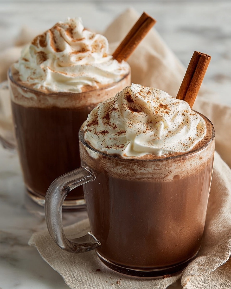 Two clear glass mugs are filled with rich brown hot chocolate, each layered evenly to about three-quarters full. On top, there is a thick, swirled layer of white whipped cream with a soft, smooth texture rising above the rim, dusted with light brown cinnamon powder. Each mug has a cinnamon stick placed upright on one side, leaning against the whipped cream. The mugs rest on a white marbled surface, and a beige cloth napkin is casually draped nearby. Photo taken with an iphone --ar 4:5 --v 7