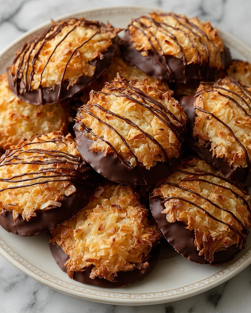 The image shows a group of cookies with a rough texture made from toasted coconut flakes. Each cookie has two layers: the top layer is golden brown with crispy coconut flakes, and the bottom half is coated with a smooth, dark brown layer of chocolate. On top, thin lines of chocolate are drizzled across the coconut layer, adding a glossy contrast to the rough texture. The cookies are placed closely on a white plate with a subtle embossed design, all set on a white marbled surface. photo taken with an iphone --ar 4:5 --v 7